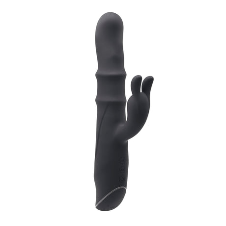 Evolved Ringmaster Silicone Rabbit Vibrator Black with dual motors and clitoral stimulator for enhanced pleasure.