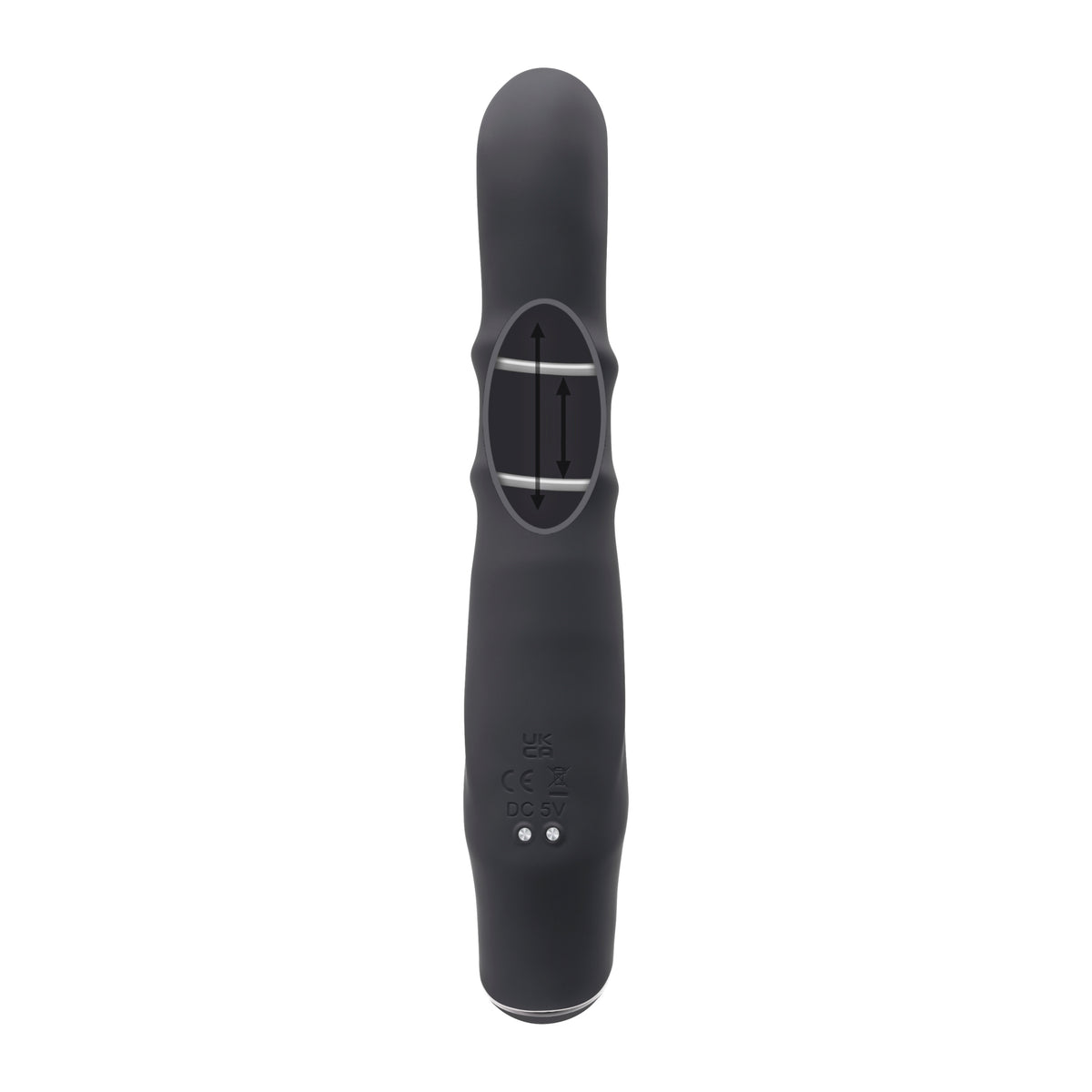 Evolved Ringmaster Silicone Rabbit Vibrator Black showing textured shaft and control interface.
