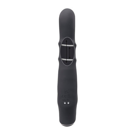 Evolved Ringmaster Silicone Rabbit Vibrator Black showing textured shaft and control interface.