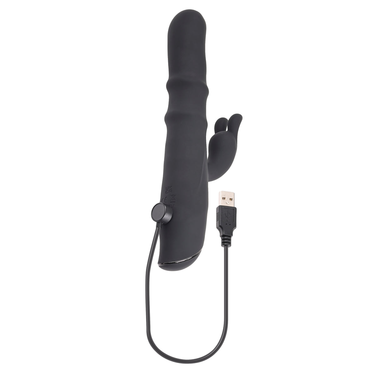 Evolved Ringmaster Silicone Rabbit Vibrator Black with USB charging cable and textured shaft for dual-zone stimulation.