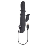 Evolved Ringmaster Silicone Rabbit Vibrator Black with USB charging cable and textured shaft for dual-zone stimulation.