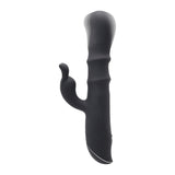 Evolved Ringmaster Silicone Rabbit Vibrator Black displayed on a white background, featuring textured shaft and clitoral stimulator.