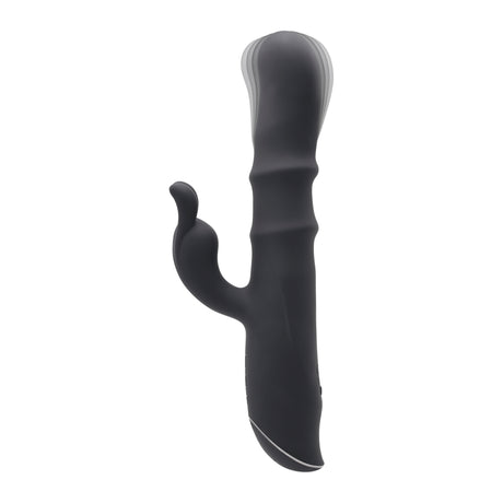 Evolved Ringmaster Silicone Rabbit Vibrator Black displayed on a white background, featuring textured shaft and clitoral stimulator.