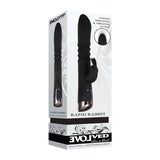 Evolved Rapid Rabbit Thrusting Vibrator Black packaging showcasing intense thrusting and vibration features.