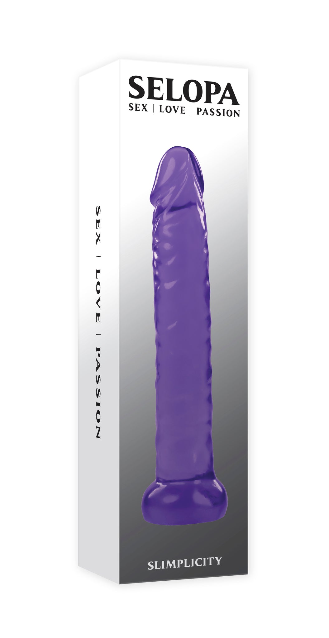 Selopa Slimplicity Purple Realistic Dildo packaging with elegant design and visible lifelike details.