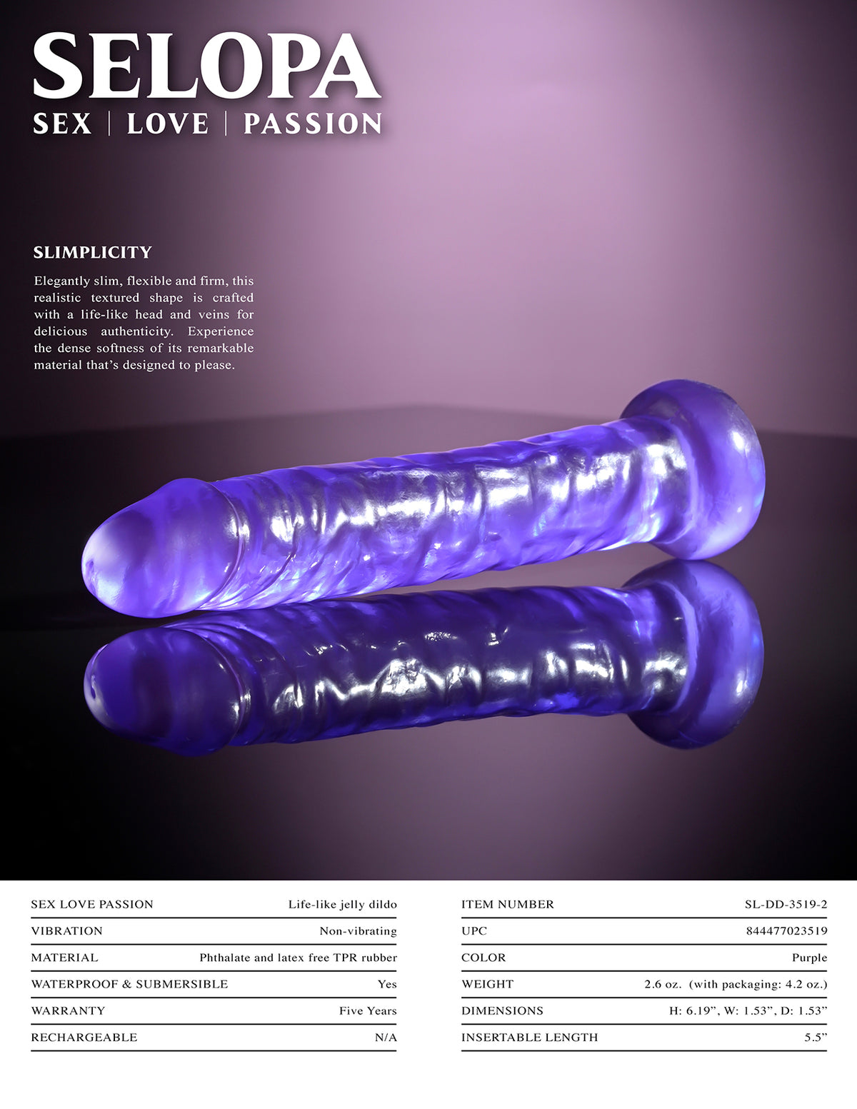 Selopa Slimplicity Purple Realistic Dildo resting on reflective surface showcasing its lifelike texture and elegant design.