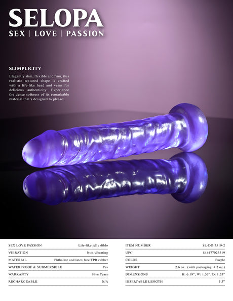Selopa Slimplicity Purple Realistic Dildo resting on reflective surface showcasing its lifelike texture and elegant design.