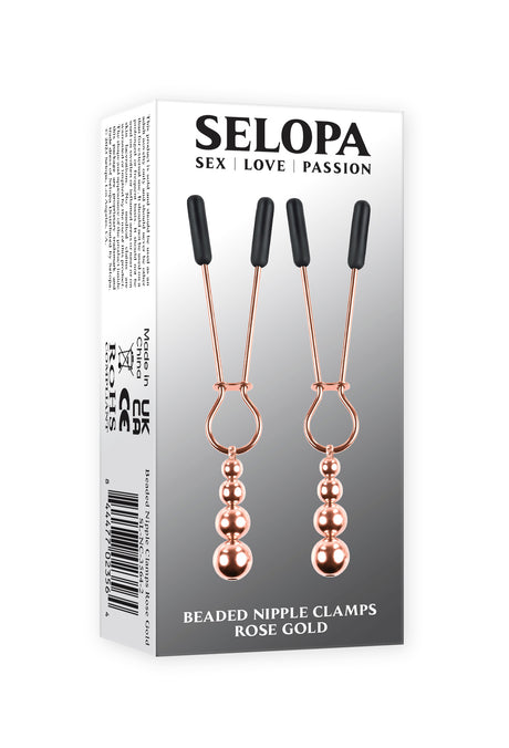 Selopa Beaded Nipple Clamps Rose Gold packaging with clamps featuring rose gold finish and hanging beads.