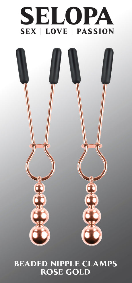 Selopa Beaded Nipple Clamps Rose Gold featuring sleek design and hanging beads for enhanced stimulation.