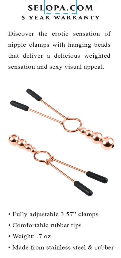 Selopa Beaded Nipple Clamps Rose Gold with hanging beads and adjustable design, offering a stylish and thrilling sensation.