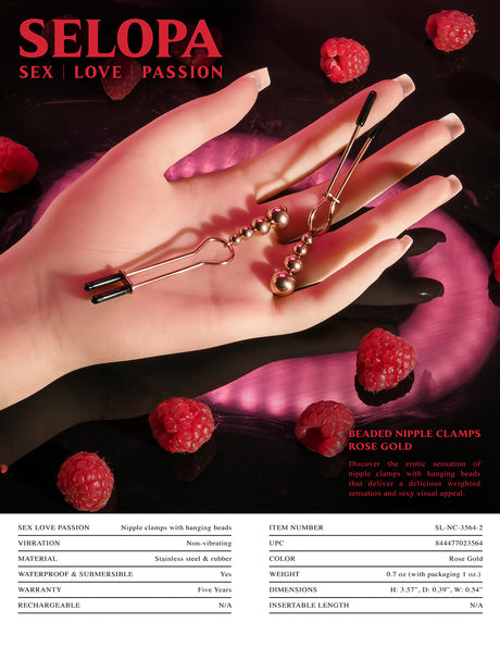 Selopa Beaded Nipple Clamps Rose Gold with hanging beads, stylish and comfortable for nipple play.