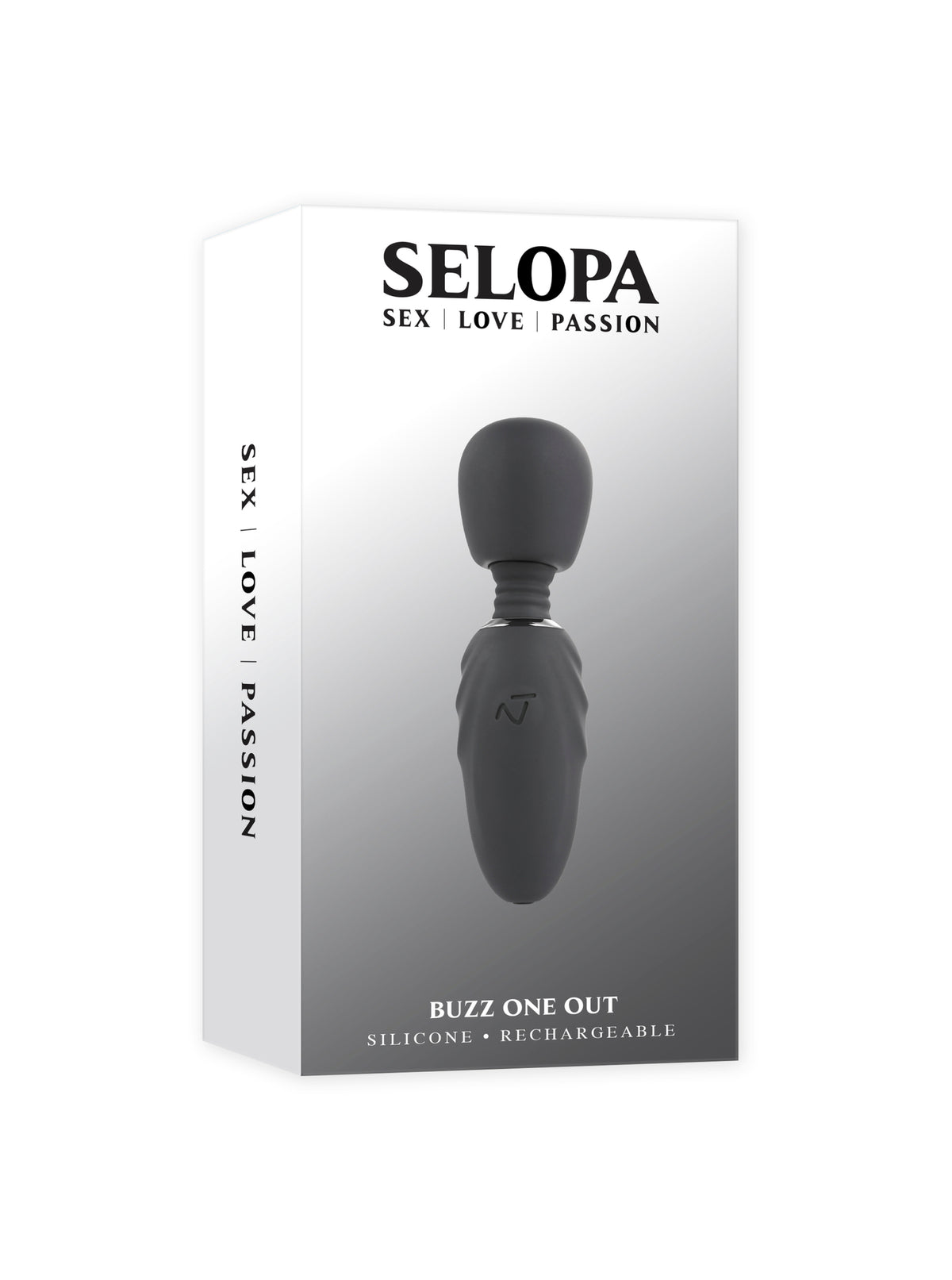 Selopa Buzz One Out Silicone Mini Wand Black in packaging with sleek design and text 'SEX | LOVE | PASSION'