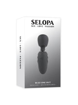 Selopa Buzz One Out Silicone Mini Wand Black in packaging with sleek design and text 'SEX | LOVE | PASSION'