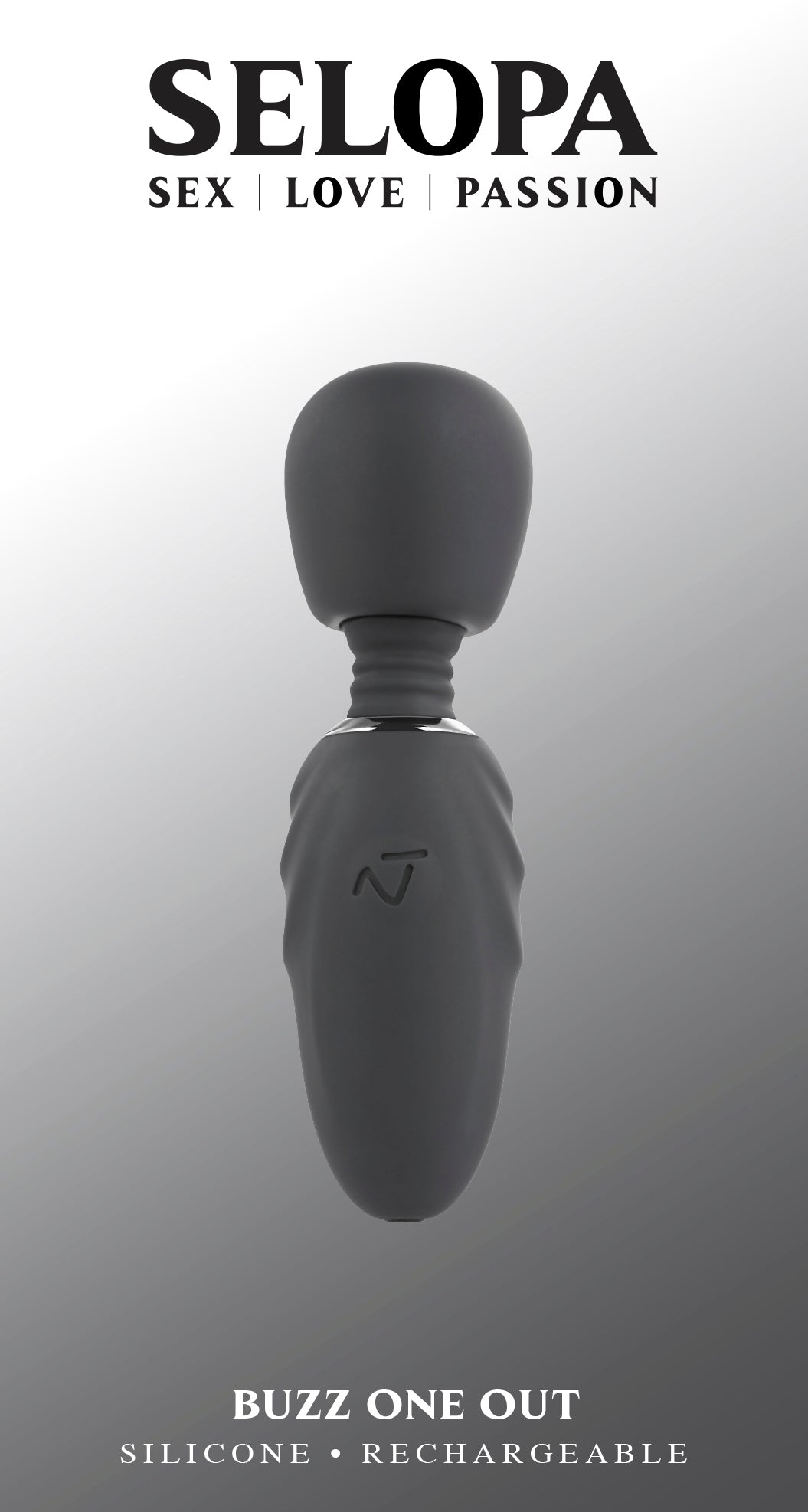 Selopa Buzz One Out Silicone Mini Wand Black, powerful massager with flexible head and textured grip.