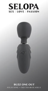 Selopa Buzz One Out Silicone Mini Wand Black, powerful massager with flexible head and textured grip.
