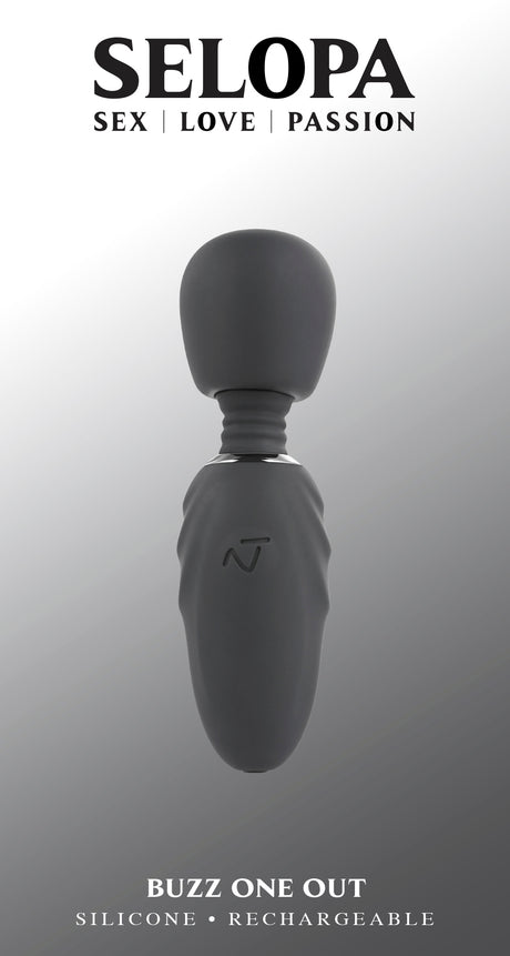 Selopa Buzz One Out Silicone Mini Wand Black, powerful massager with flexible head and textured grip.