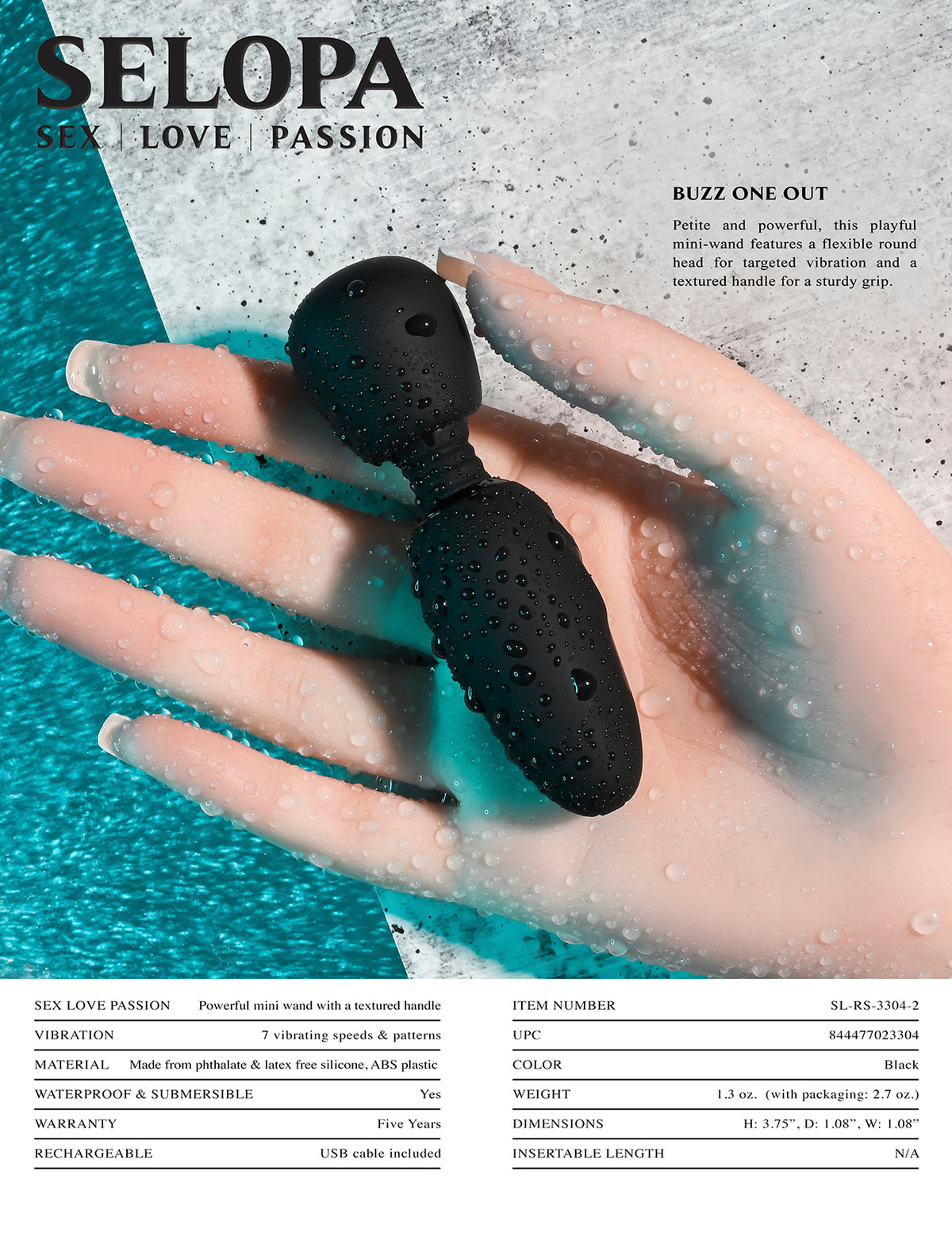 Selopa Buzz One Out Silicone Mini Wand Black in a hand with water droplets, showcasing its powerful design and textured handle.