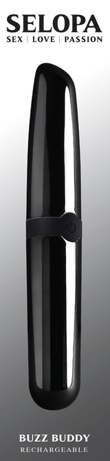 Selopa Buzz Buddy Rechargeable Bullet Vibrator Black in sleek design with black-chrome finish for powerful stimulation.