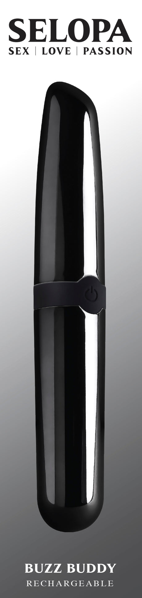 Selopa Buzz Buddy Rechargeable Bullet Vibrator Black in sleek design with black-chrome finish for powerful stimulation.