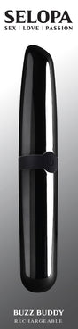 Selopa Buzz Buddy Rechargeable Bullet Vibrator Black in sleek design with black-chrome finish for powerful stimulation.