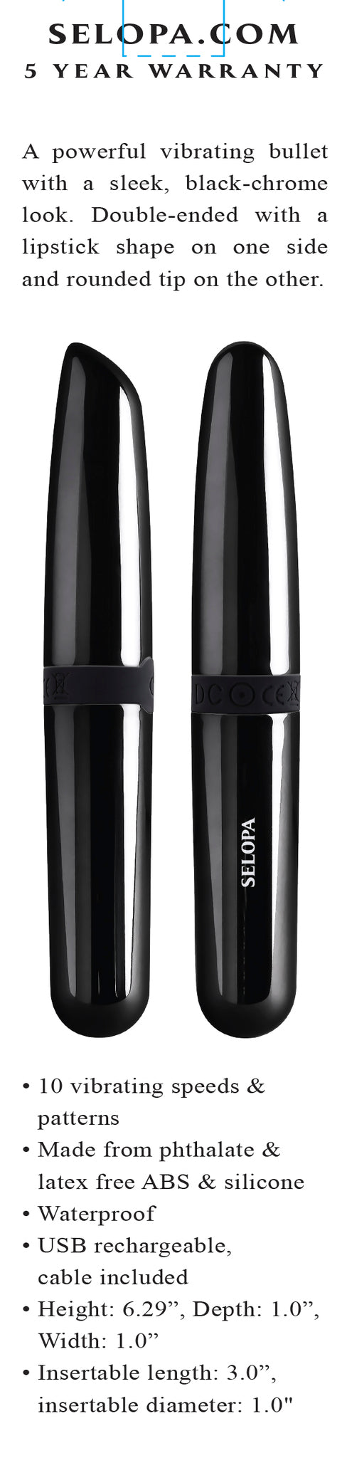 Selopa Buzz Buddy Rechargeable Bullet Vibrator Black showcasing sleek black-chrome design and double-ended tips.