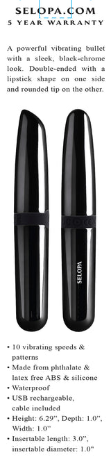 Selopa Buzz Buddy Rechargeable Bullet Vibrator Black showcasing sleek black-chrome design and double-ended tips.