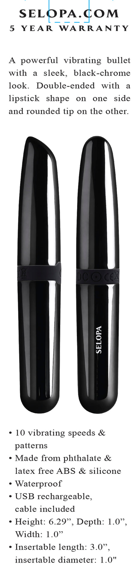 Selopa Buzz Buddy Rechargeable Bullet Vibrator Black showcasing sleek black-chrome design and double-ended tips.