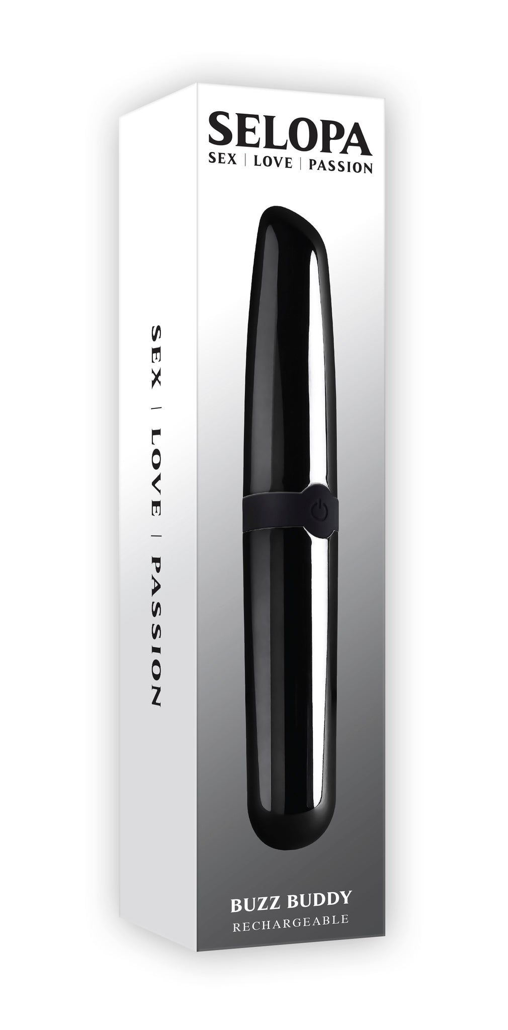 Selopa Buzz Buddy Rechargeable Bullet Vibrator Black in sleek packaging featuring sex, love, and passion themes.