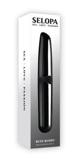 Selopa Buzz Buddy Rechargeable Bullet Vibrator Black in sleek packaging featuring sex, love, and passion themes.
