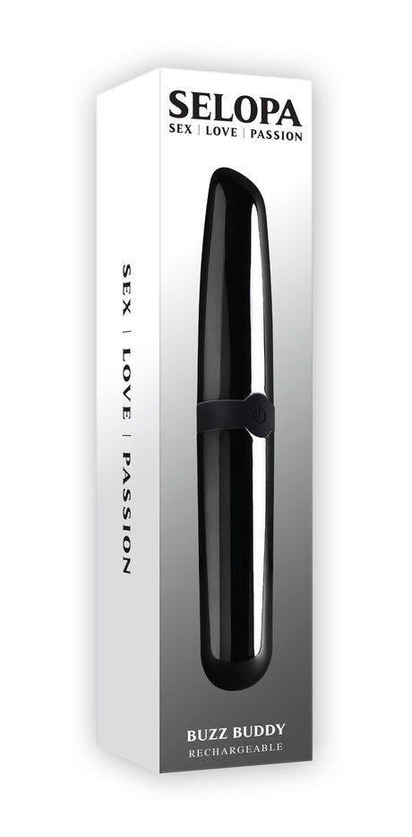 Selopa Buzz Buddy Rechargeable Bullet Vibrator Black in sleek packaging featuring sex, love, and passion themes.