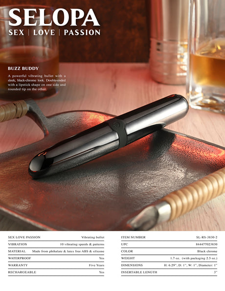 Selopa Buzz Buddy Rechargeable Bullet Vibrator Black resting on a textured surface with a sleek design.