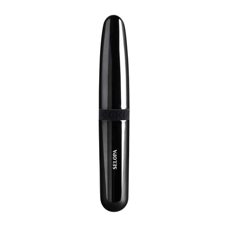 Selopa Buzz Buddy Rechargeable Bullet Vibrator Black in sleek black-chrome finish with dual tips.