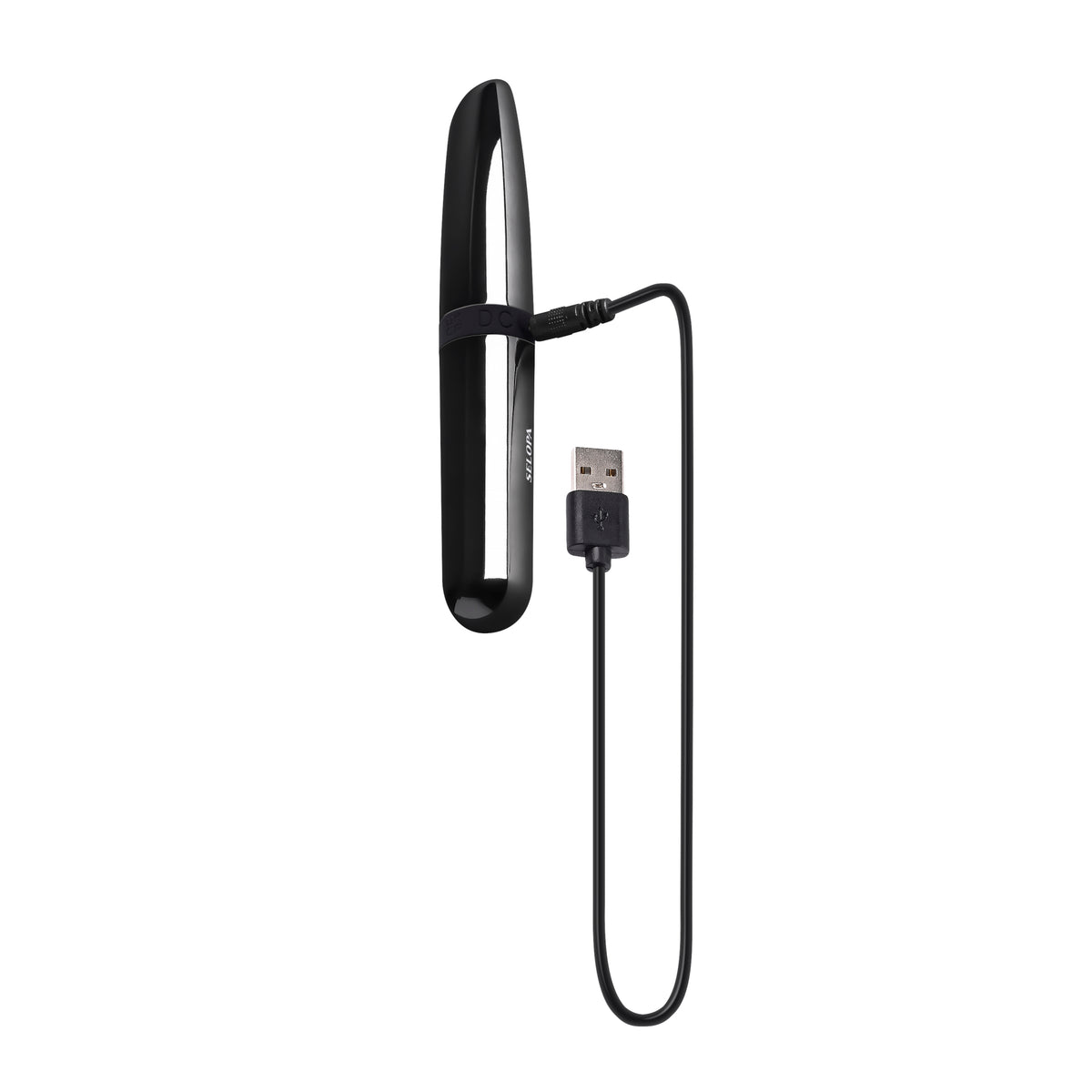 Selopa Buzz Buddy Rechargeable Bullet Vibrator Black with USB charging cable, sleek design and shiny finish.