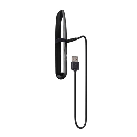 Selopa Buzz Buddy Rechargeable Bullet Vibrator Black with USB charging cable, sleek design and shiny finish.