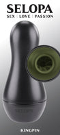 Selopa Kingpin Textured Stroker Green in sleek black design showing textured tunnel for ultimate pleasure.