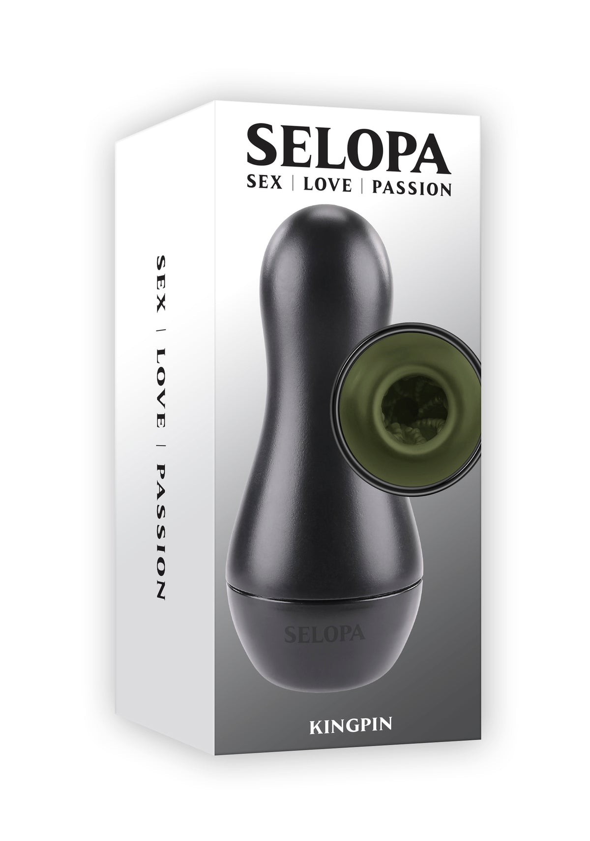 Selopa Kingpin Textured Stroker Green packaging featuring a bowling-pin silhouette and rubbery inner channel.