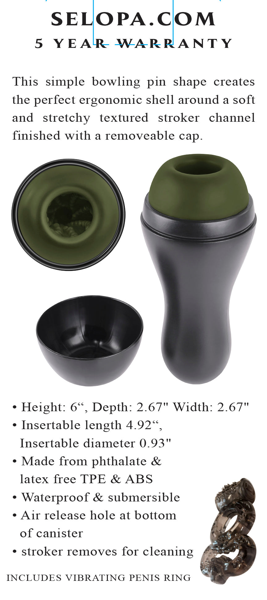 Selopa Kingpin Textured Stroker Green showing ergonomic design and textured stroker channel for enhanced pleasure.