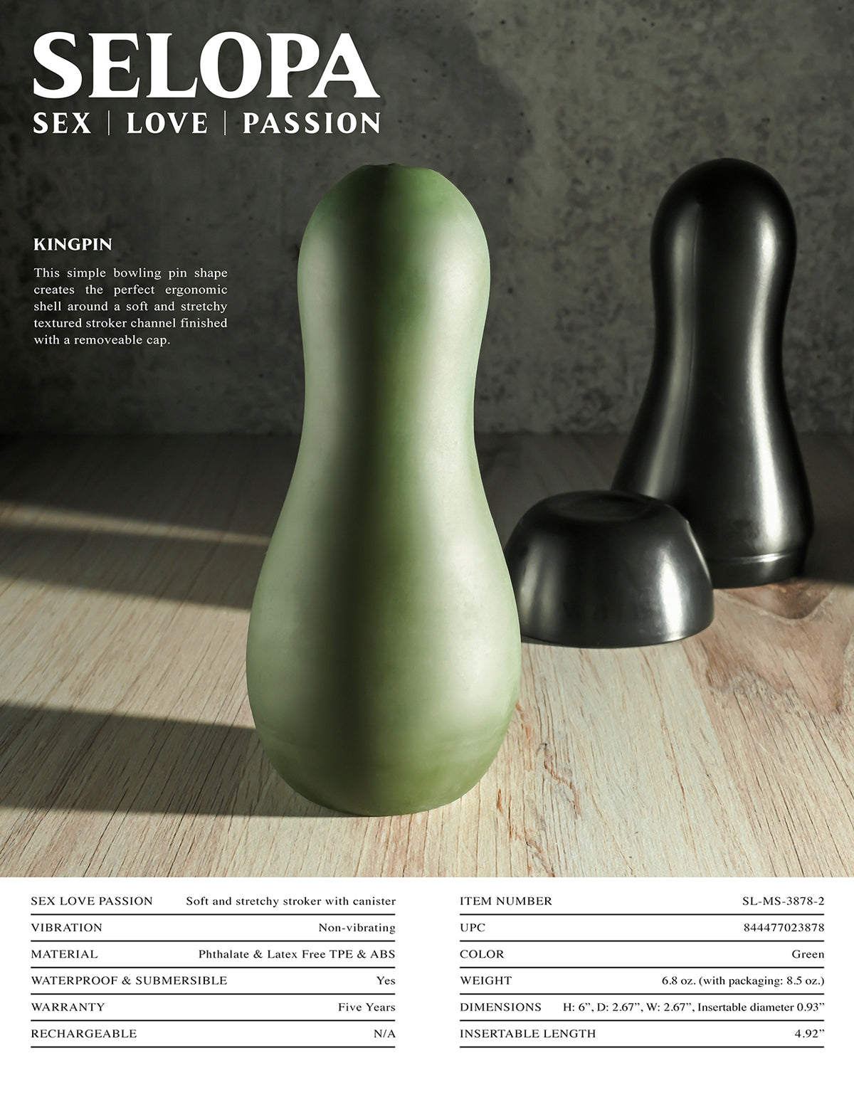 Selopa Kingpin Textured Stroker Green showcasing ergonomic design and textured channel for enhanced pleasure.