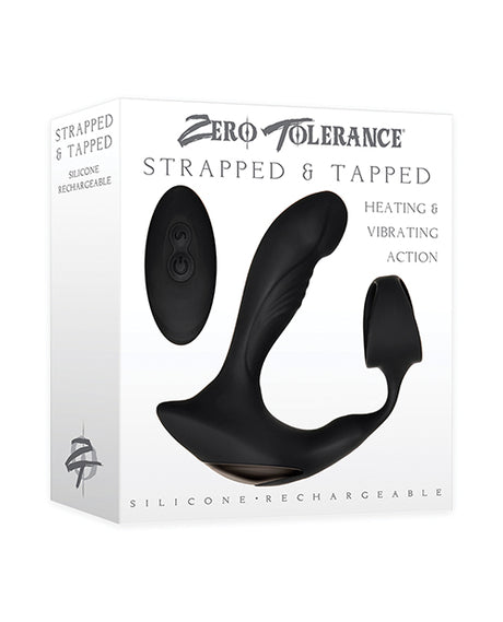 Zero Tolerance Strapped & Tapped Prostate Massager Black packaging with heating and vibrating features.