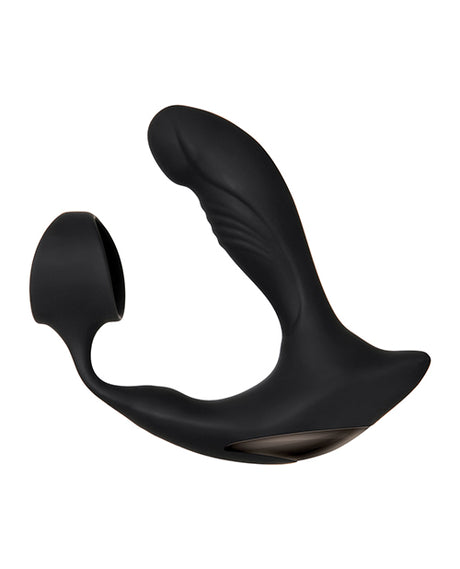 Zero Tolerance Strapped & Tapped Prostate Massager Black designed for dual stimulation with a flexible silicone shaft.