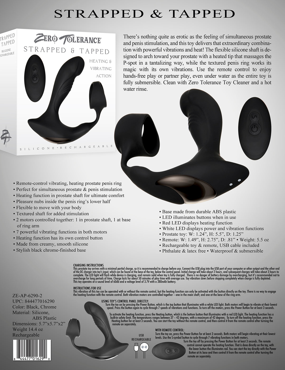 Zero Tolerance Strapped & Tapped Prostate Massager Black with ergonomic design and remote control features.