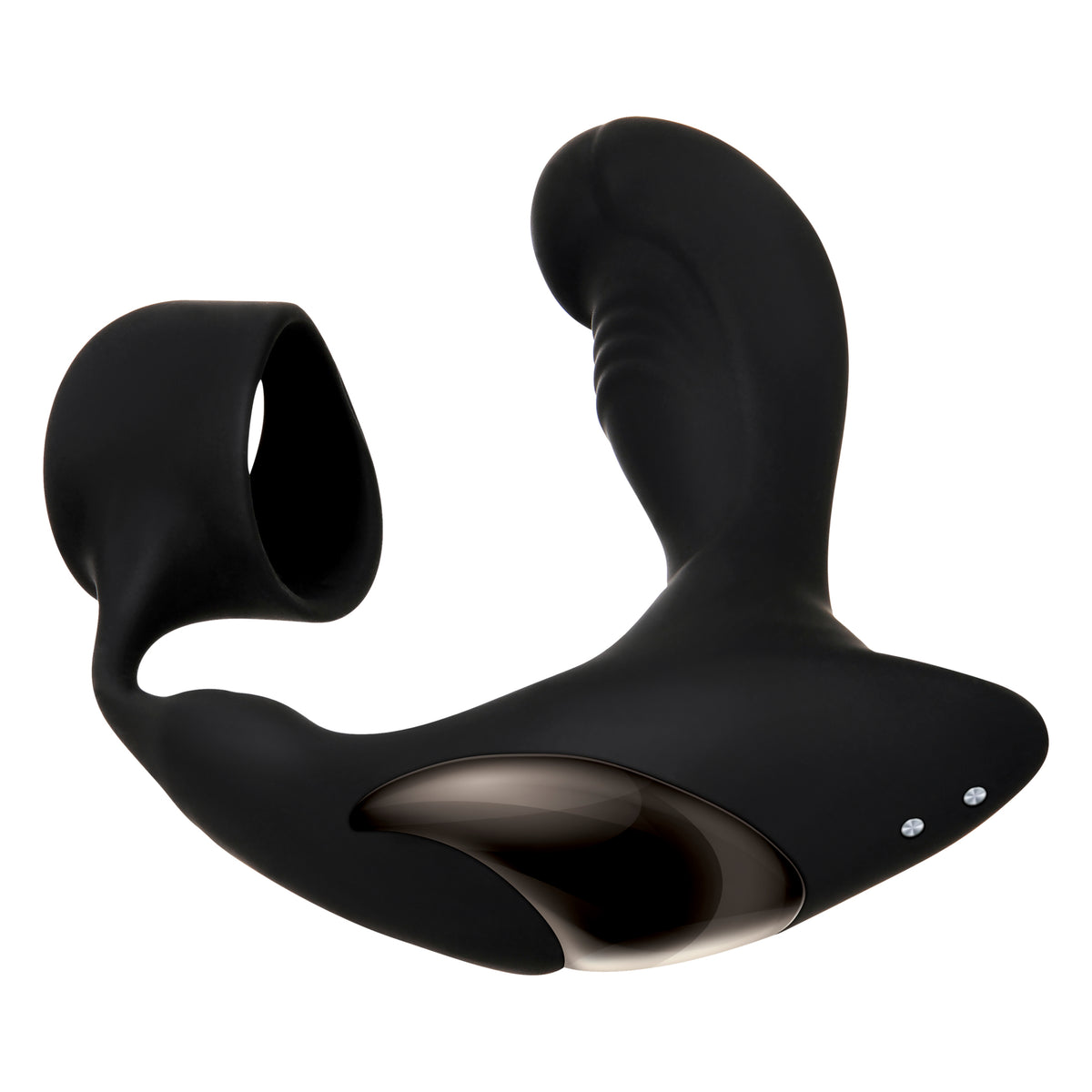 Zero Tolerance Strapped & Tapped Prostate Massager Black with textured penis ring and heated tip for stimulation.