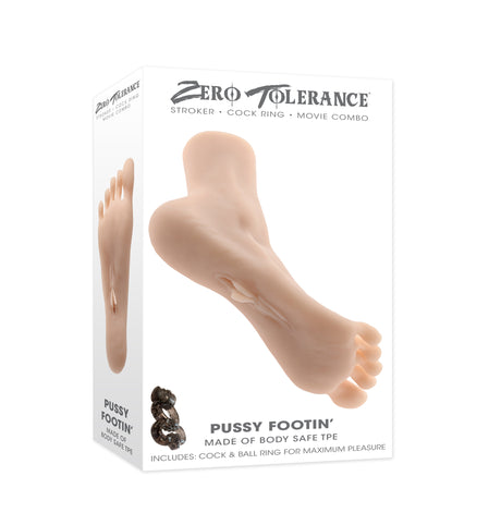 Zero Tolerance Pussy Footin Foot Stroker Vanilla box showcasing realistic foot design and included cock ring.
