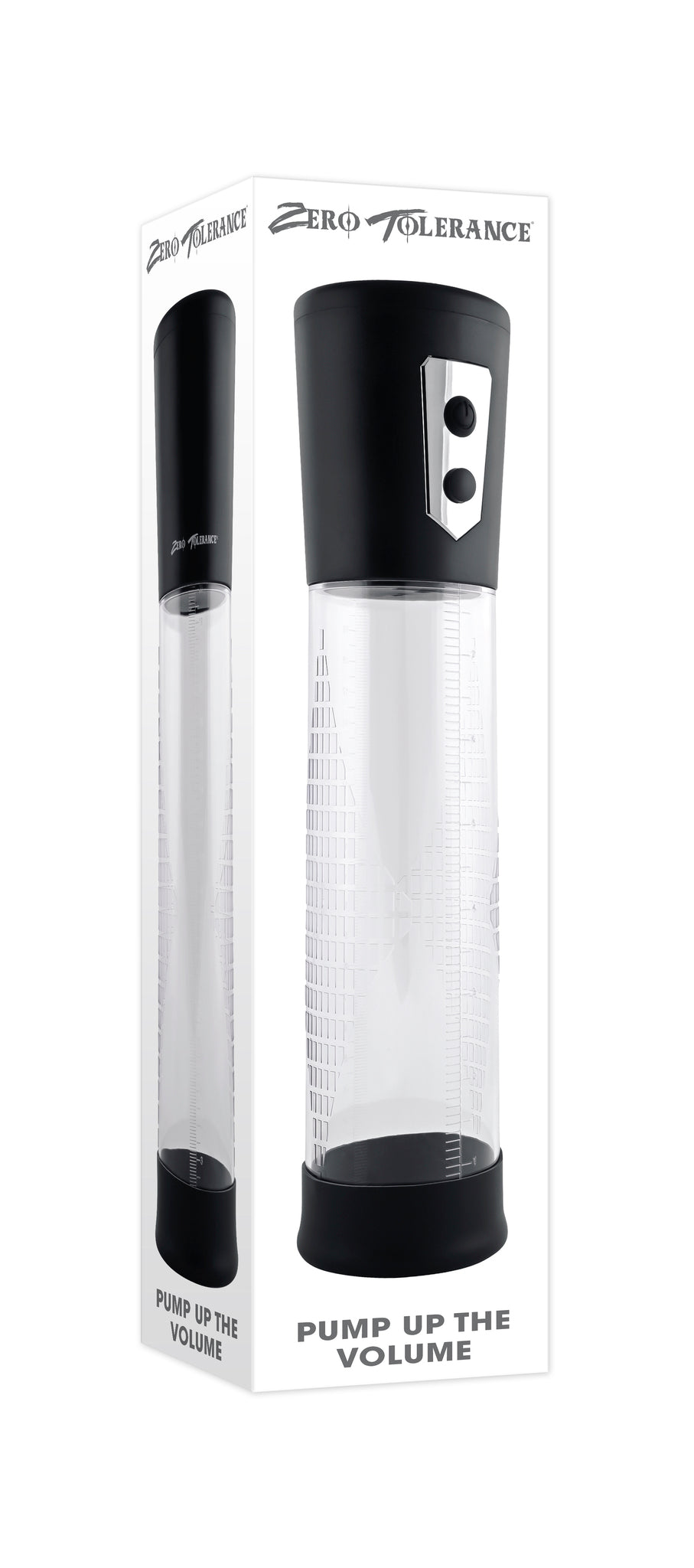 Zero Tolerance Pump Up The Volume Automatic Penis Pump Black packaging image showing measurement markings.