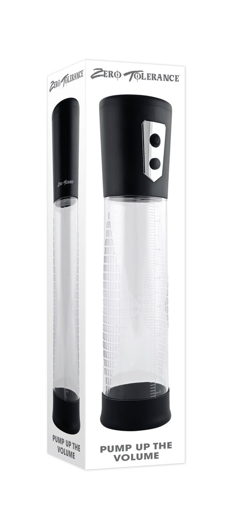 Zero Tolerance Pump Up The Volume Automatic Penis Pump Black packaging image showing measurement markings.