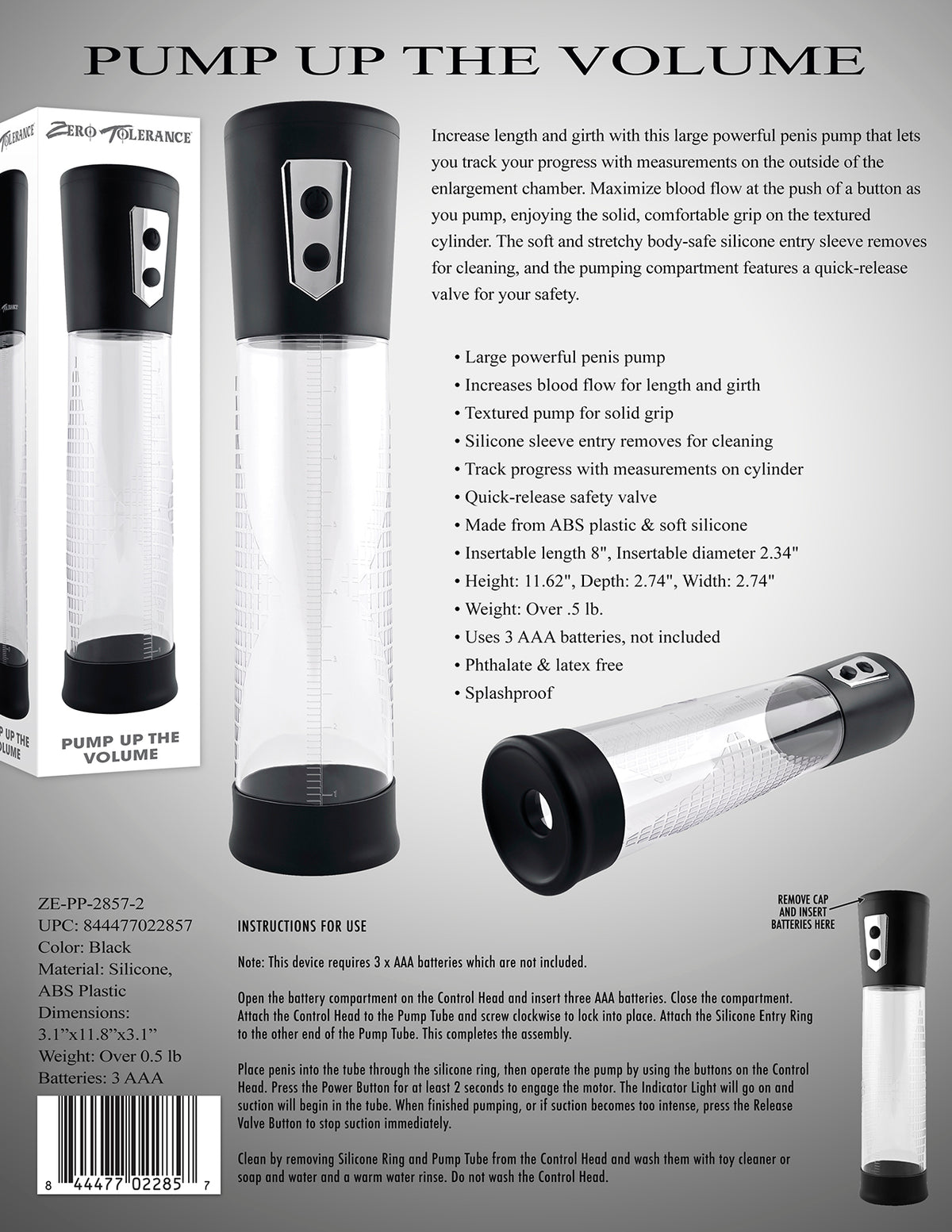 Zero Tolerance Pump Up The Volume Automatic Penis Pump Black with measuring cylinder and control panel.