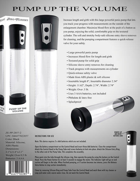 Zero Tolerance Pump Up The Volume Automatic Penis Pump Black with measuring cylinder and control panel.