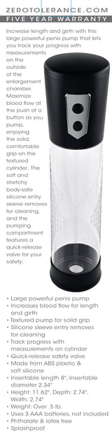 Zero Tolerance Pump Up The Volume Automatic Penis Pump Black showing a powerful design with measurement markings for tracking progress.