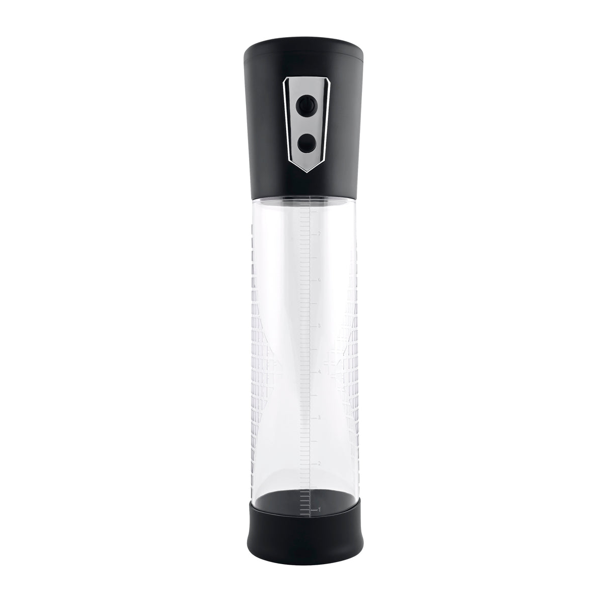 Zero Tolerance Pump Up The Volume Automatic Penis Pump Black, clear enlargement chamber with printed measurements.