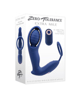 Zero Tolerance Extra Mile Vibrating Cock Ring Blue packaging with silicone, rechargeable design and 10 vibrating speeds.